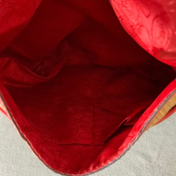 FOSSIL Red Leather Strap Tan Straw Woven Handbag Versatile - Picture 13 of 15